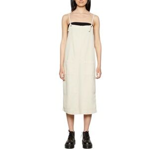 Monki Khaki Overall Denim Dungaree Dress size Small Sleeveless Pockets Cotton